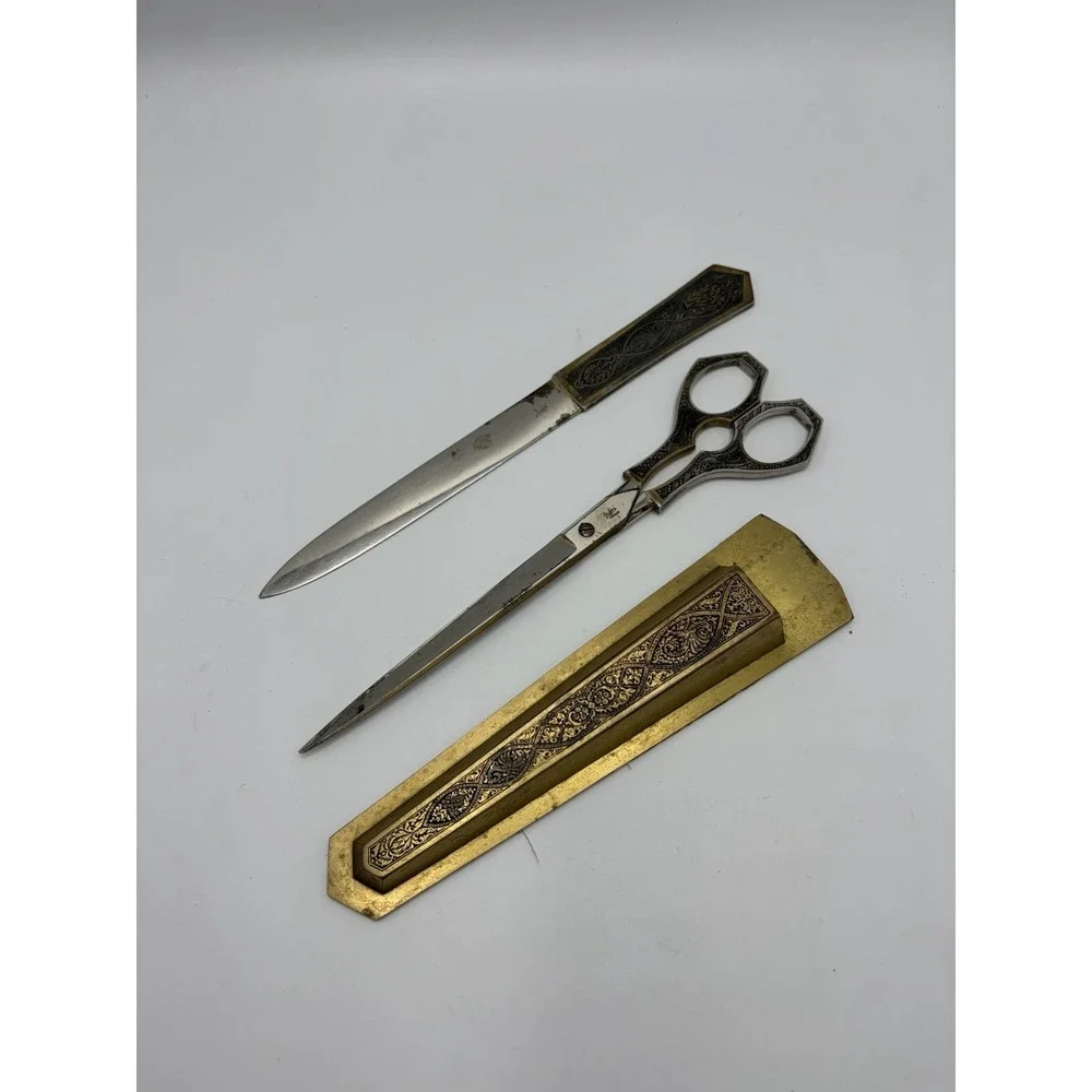 Vintage Griffon Germany Metal Scissors Letter Opener Desk Set Engraved Victorian